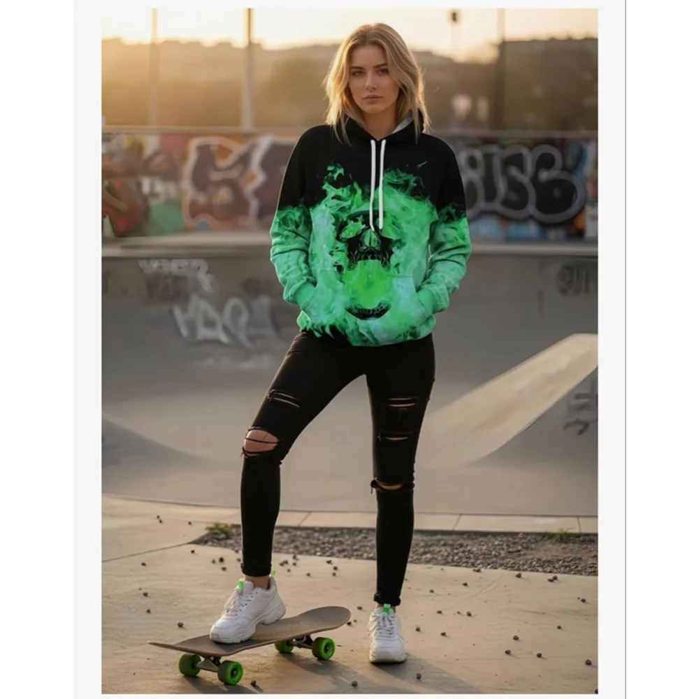 Men's OWMMIZ Black & Green Flame Skull Hoodie S - Picture 5 of 8